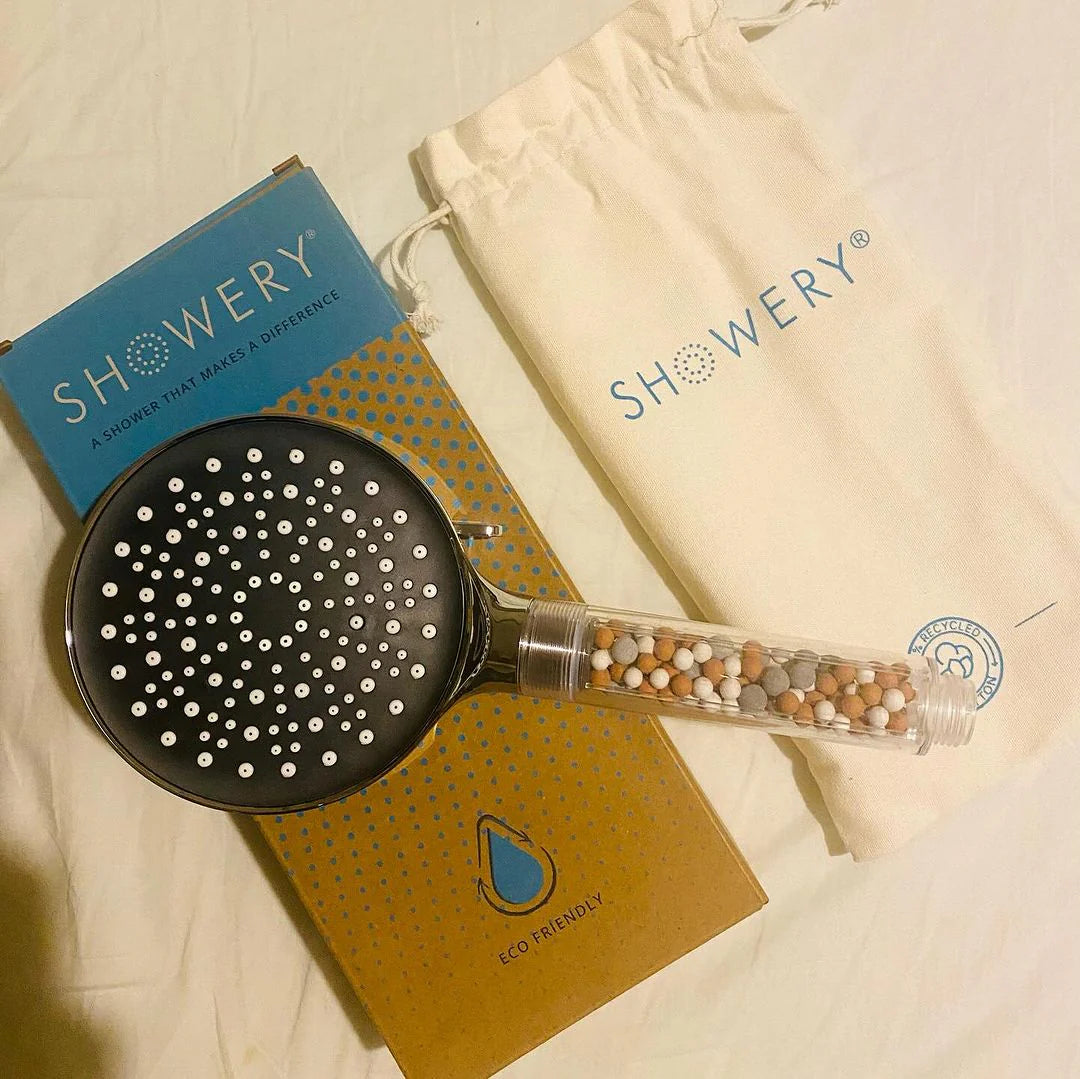 showery ecoflow shower head sitting on top on box and bag packaging