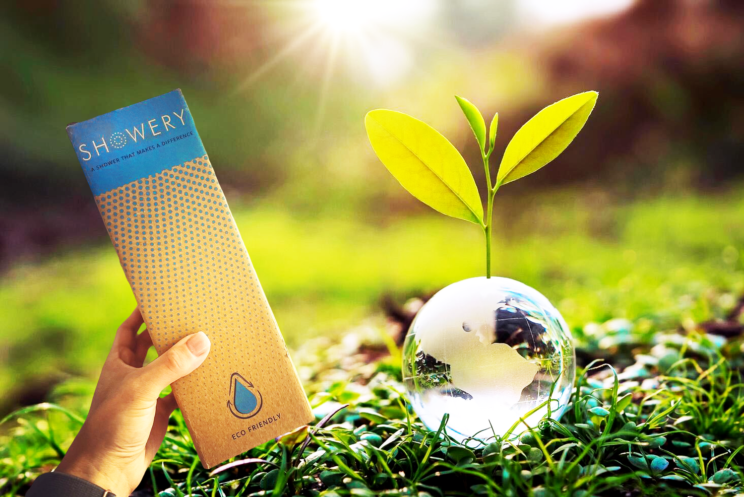 showery box shown in a field depicting eco friendly packaging