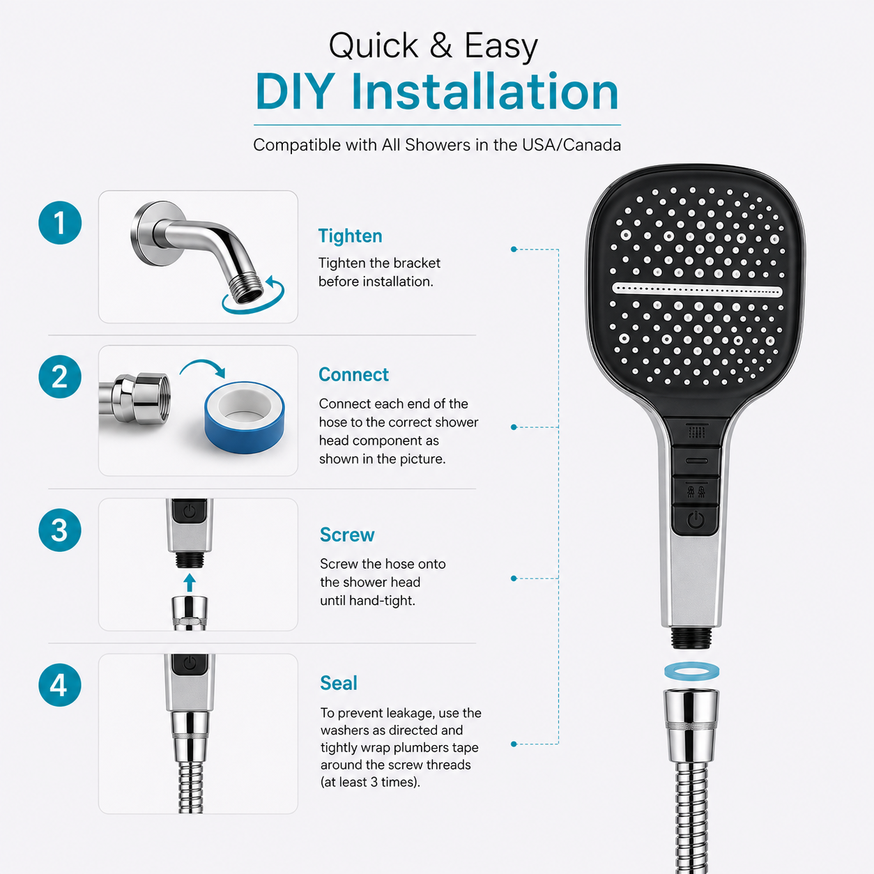 Showery® 7 Mode Water Saving Piano Shower Head