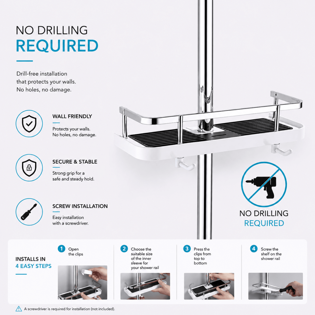 Showery® No Drill Shower Caddy - Effortless Shower Rail Installation5Showery UK