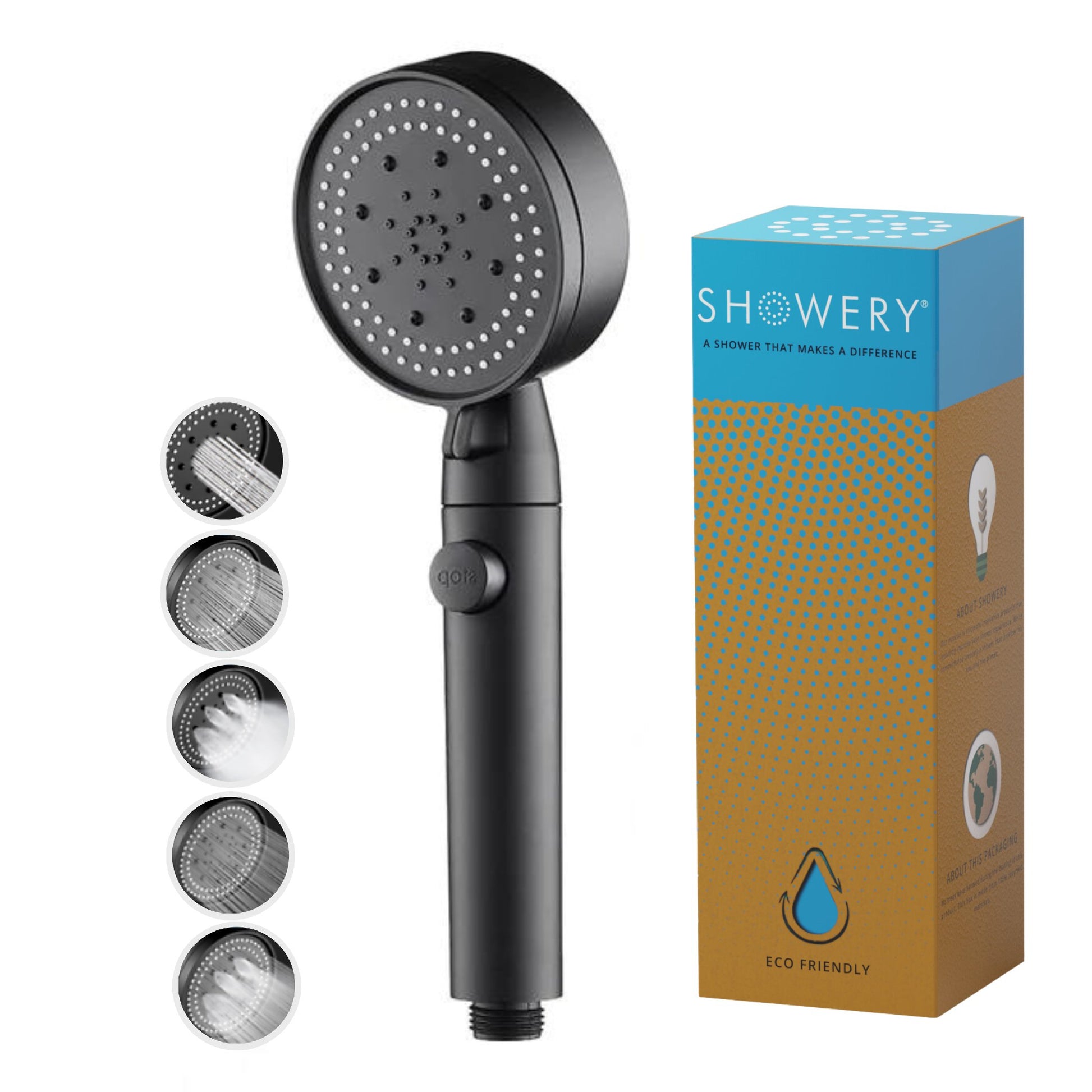 Showery® 5 Modes High Pressure Shower Head - Black1Showery UK